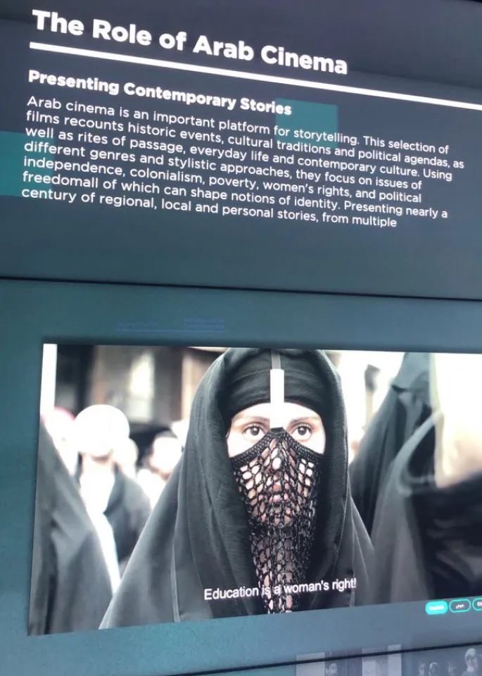 Interactive media wall displays a section titled, "The Role of Arab Cinema".