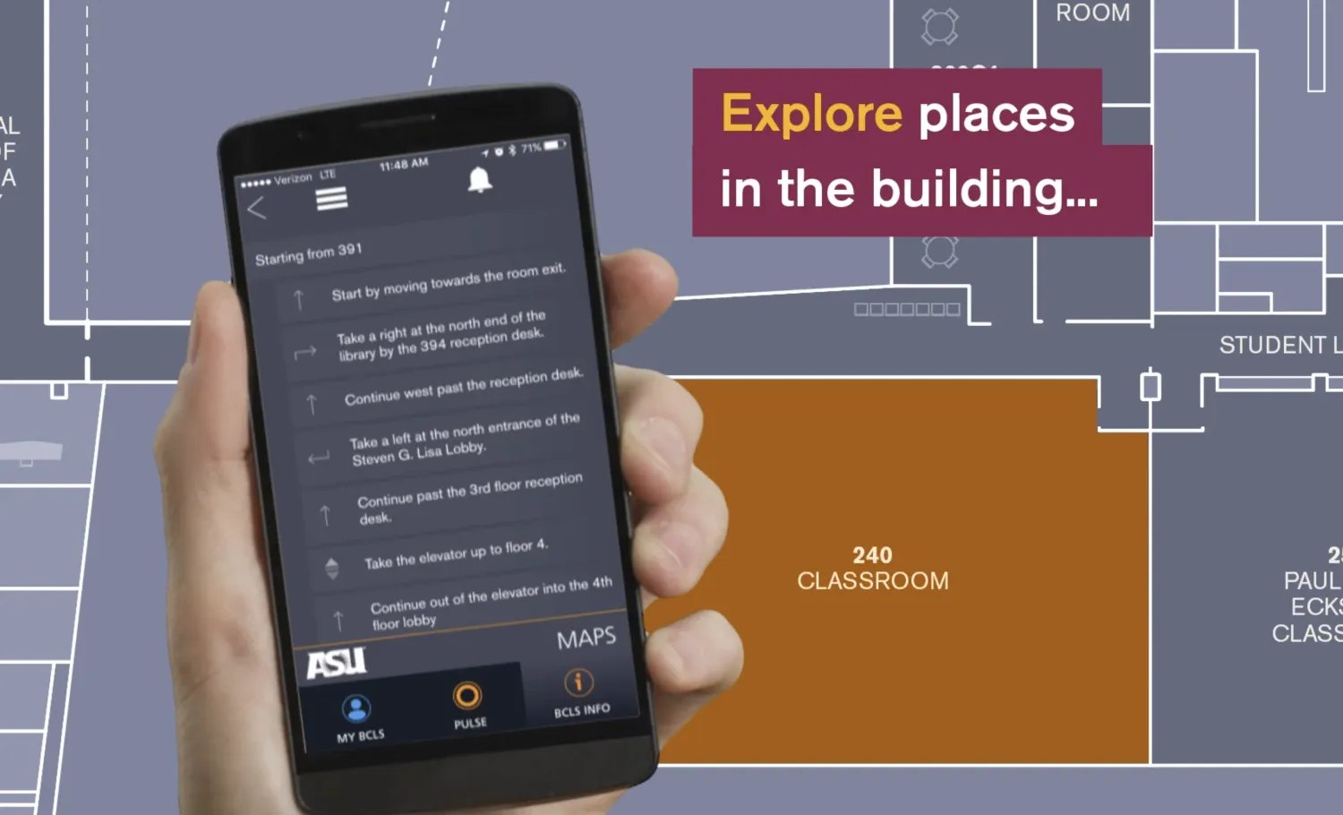 Graphic depicting campus map and directions found on the Pulse mobile app.