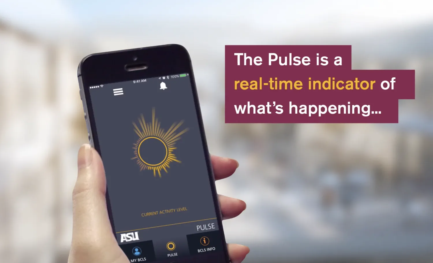 The home screen of the Pulse app. Graphic overlay reads, "The Pulse is a real-time indicator of what's happening..."