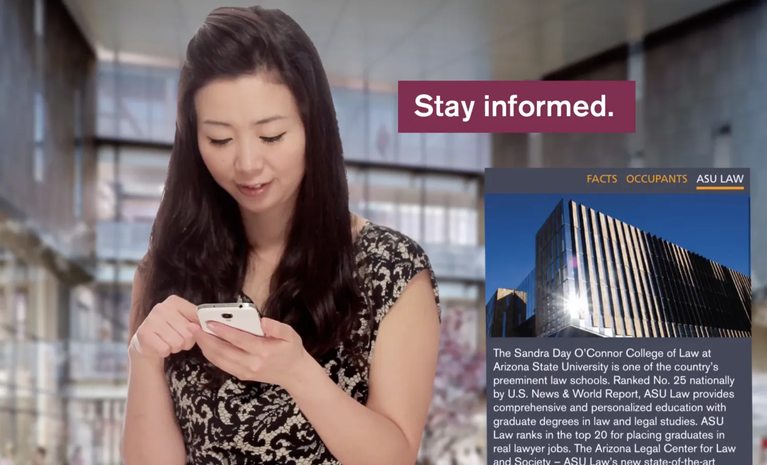 Female student shown reading about campus information on the Pulse mobile app. Graphic overlay reads, "Stay Informed".
