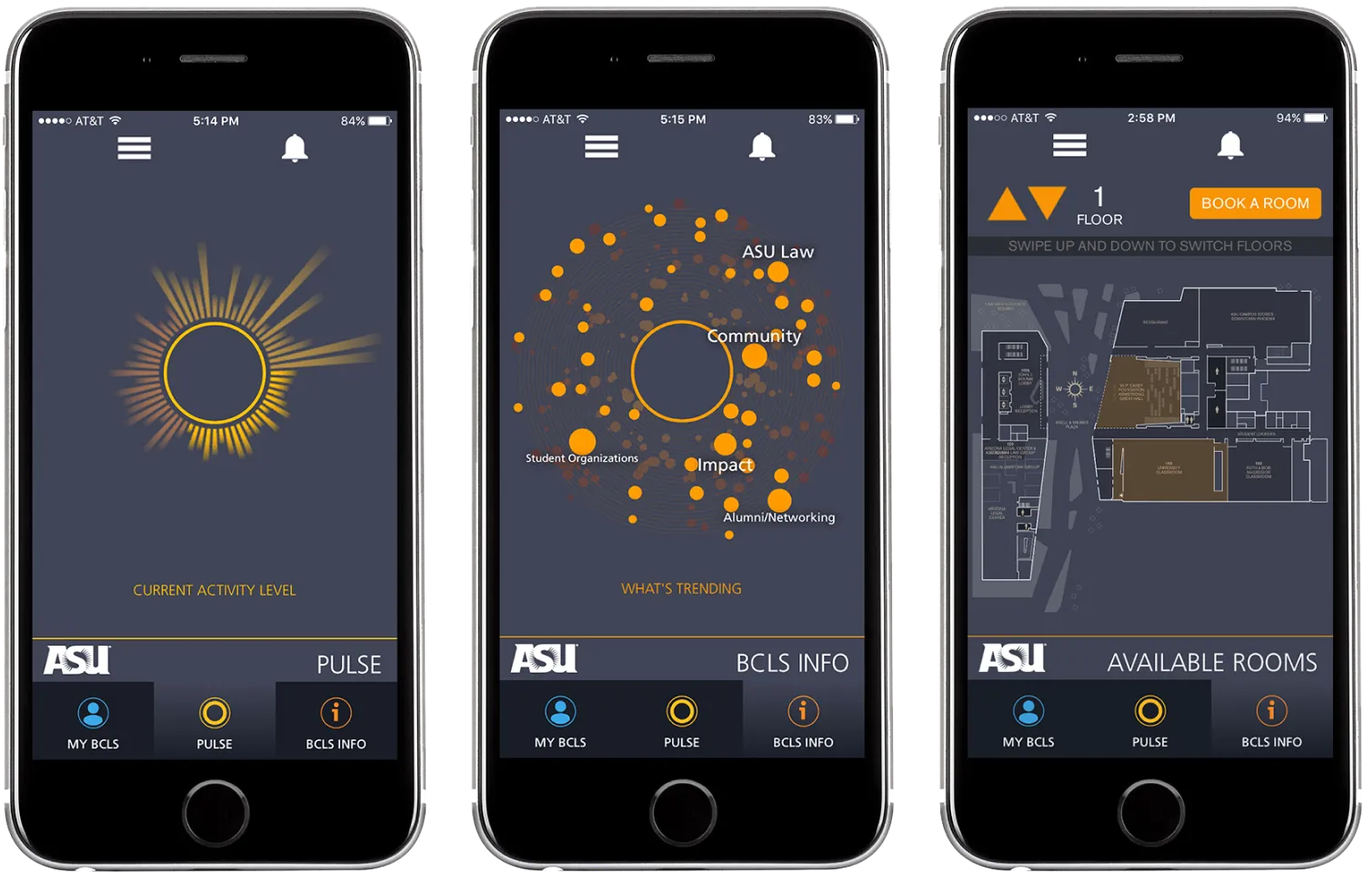 Graphic mockups illustrating different functions of the Pulse mobile app.