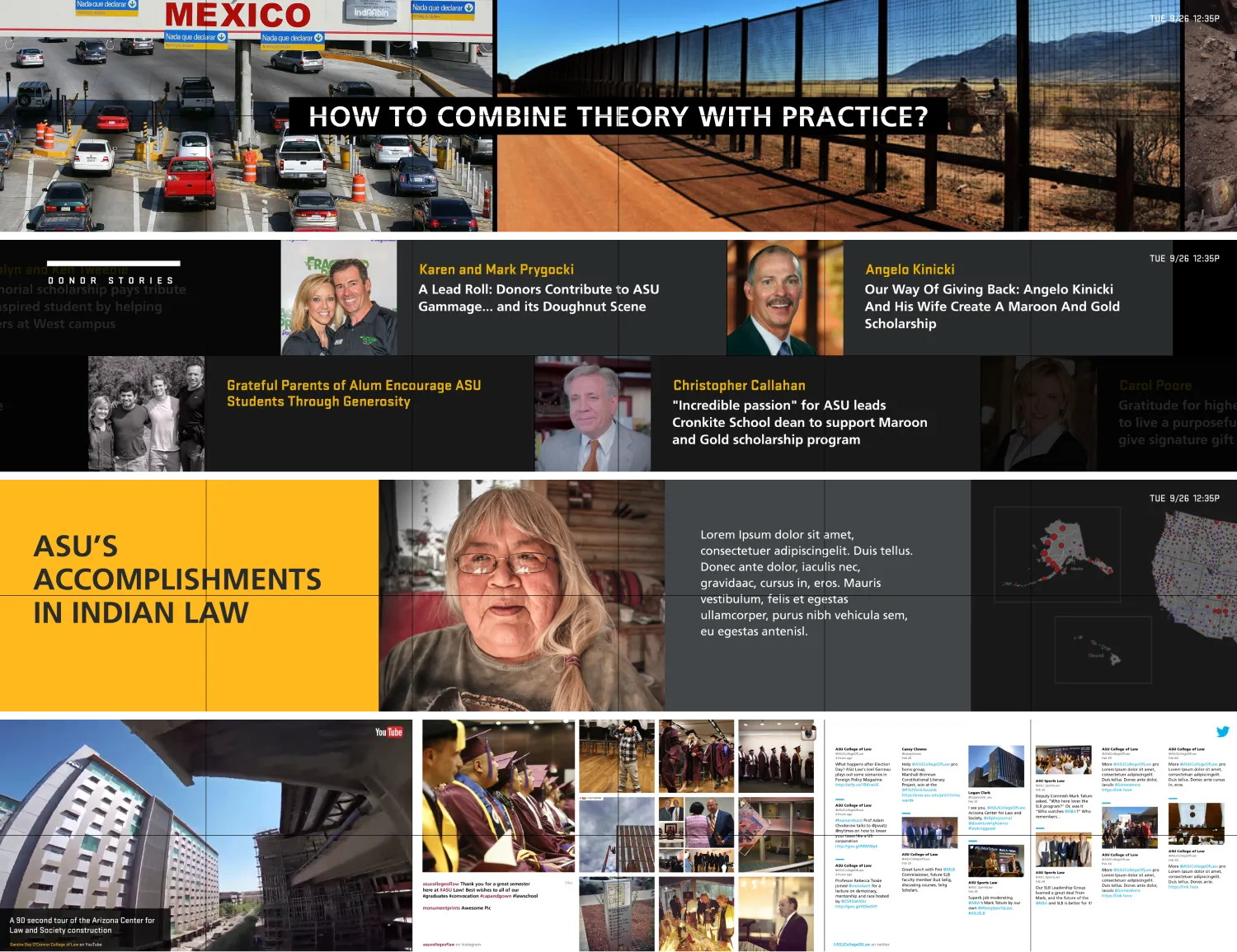 Large media wall displaying various campus related news.