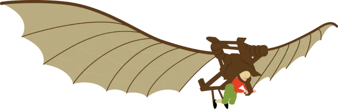 Graphic cut-out of a man using Leonardo da Vinci's ornithopter flying machine.