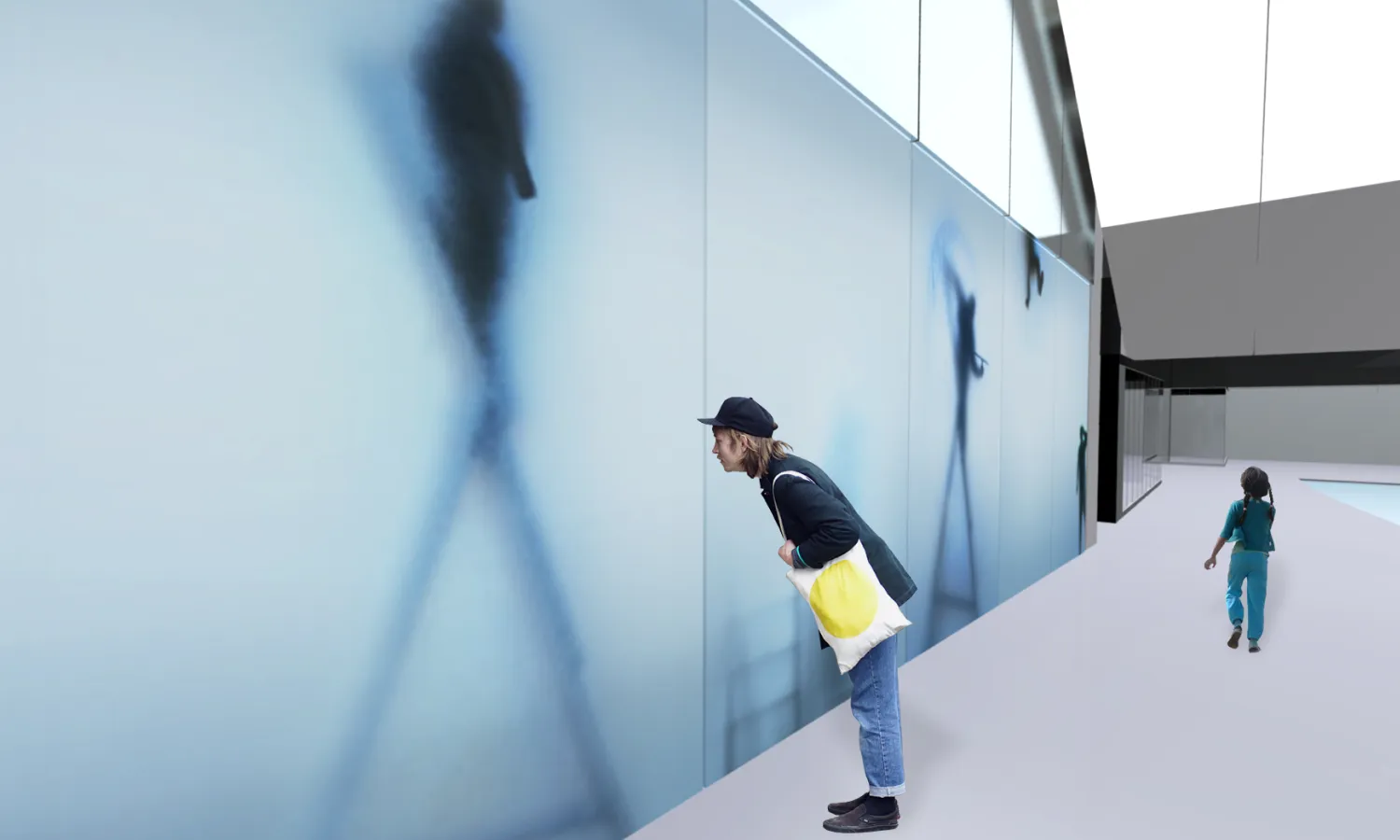 Passersby examining the large digital immersive wall.