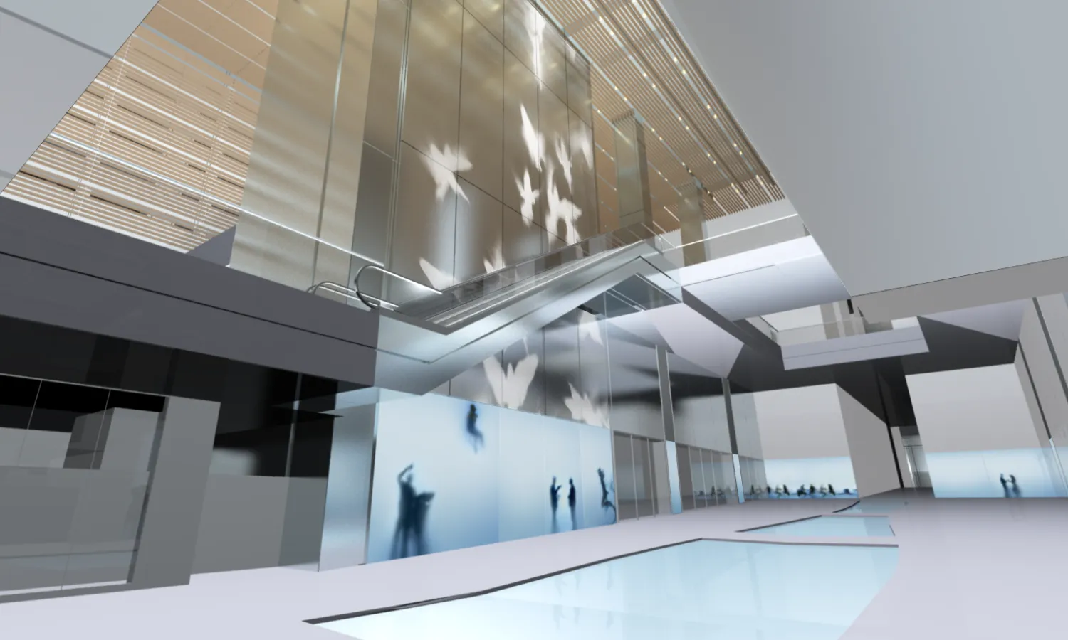 Large building lobby with the Hidden Narratives digital immersive wall in the the center.