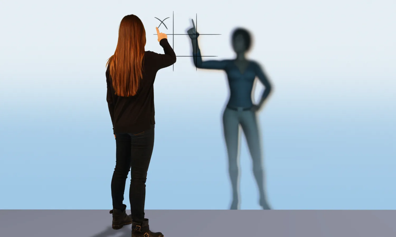 Female visitor interacting with an AI seen on the Hidden Narratives digital immersive wall.