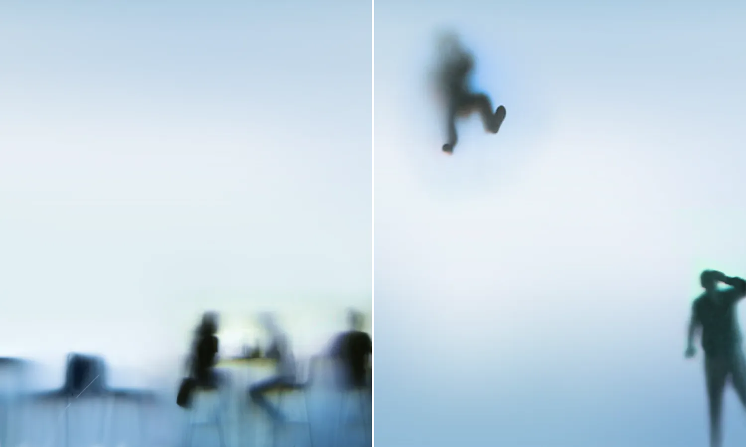 AI character silhouettes on a translucent digital media screen.