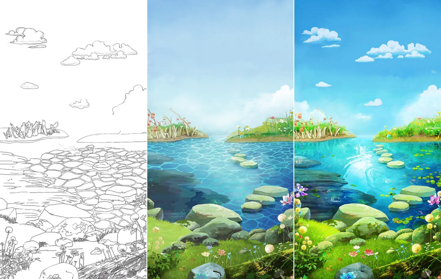 Illustration depicting the gradual process of graphic development of a river garden scenery.