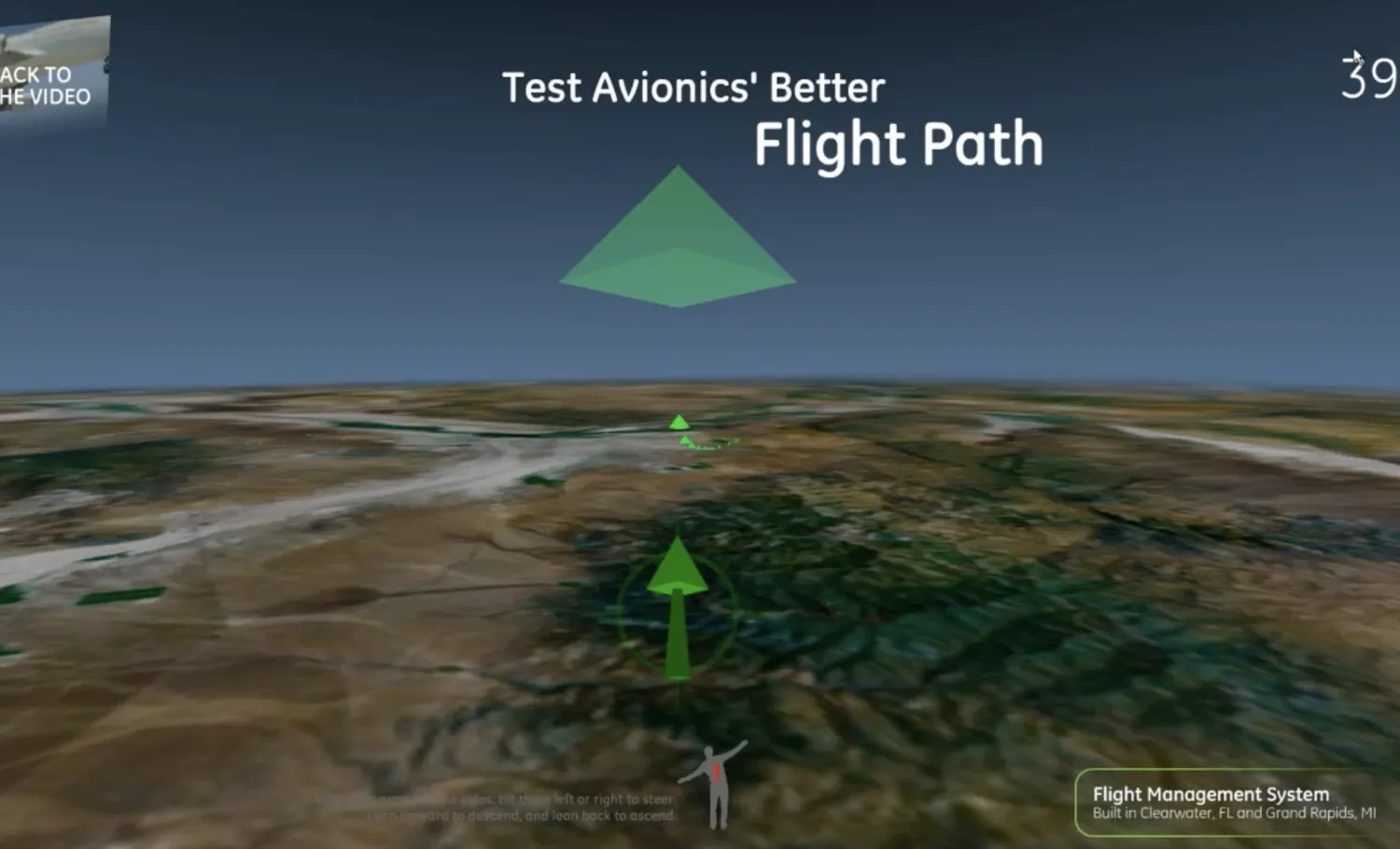 Screen displaying a gesture-based  flight simulator interactive. Onscreen text reads: "Test Avionics' Better Flight Path".