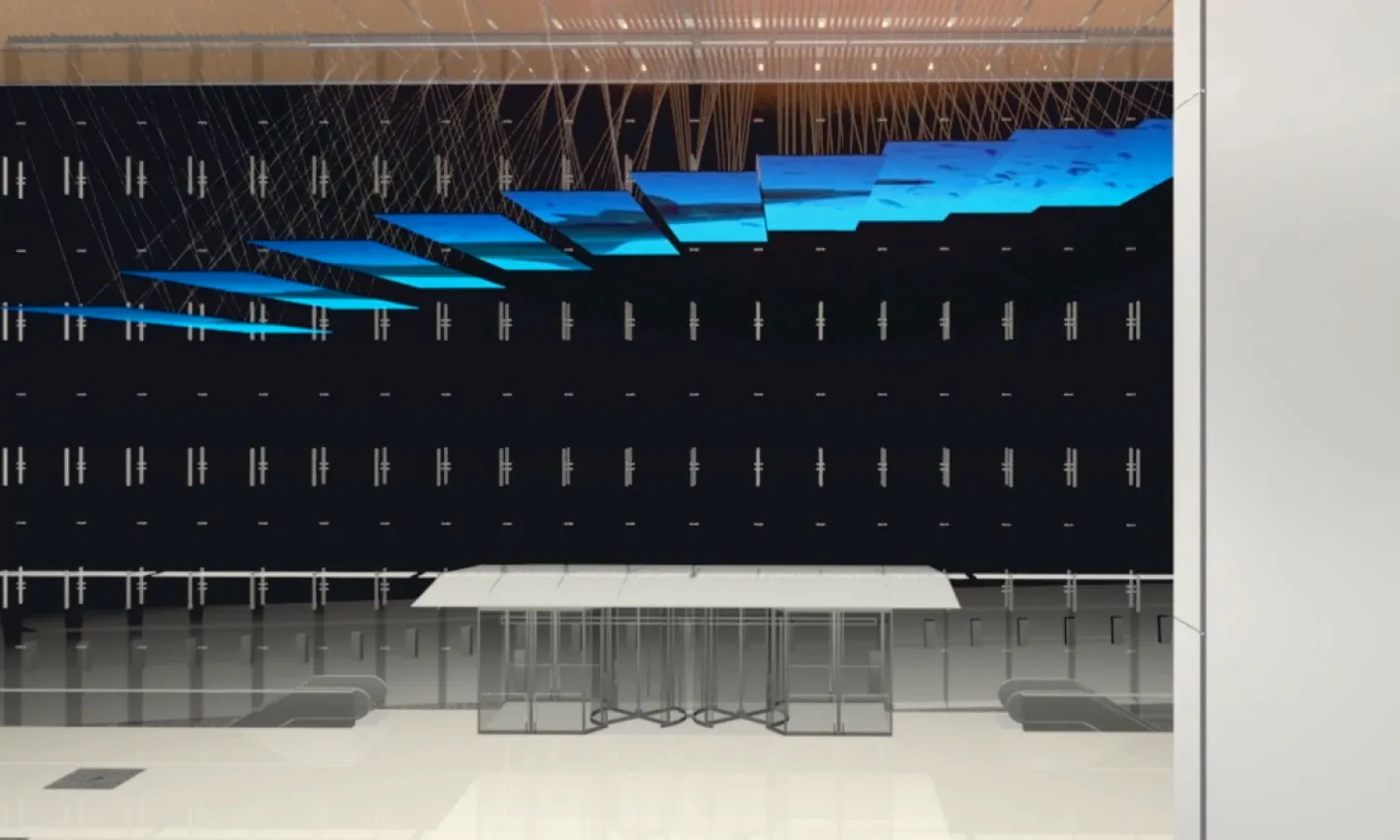 Cascade of digital screen line parallel to the building lobby ceiling, rising up and down like waves to create an immersive environment.