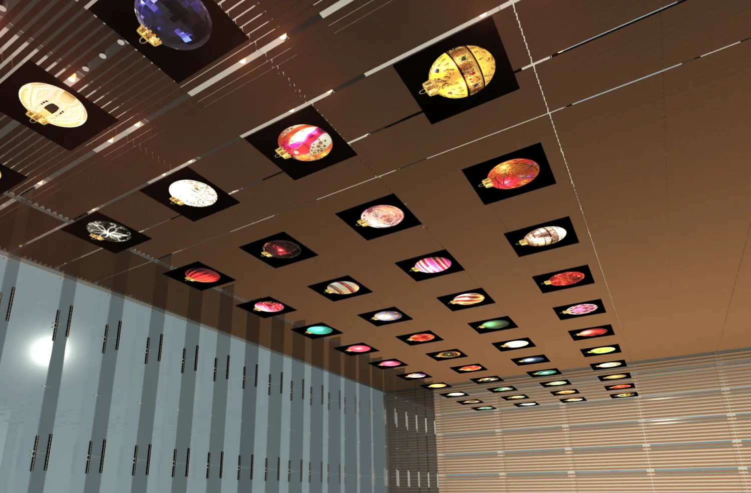 Square digital screens line the ceiling of a building lobby.