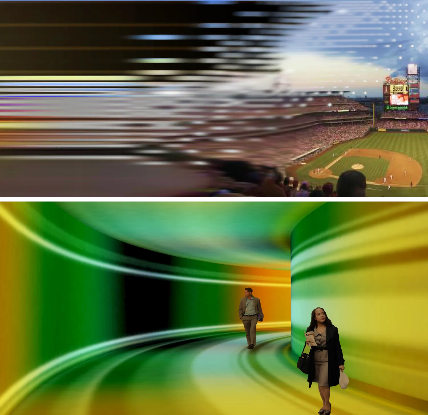 Blurry image of building hallways playing media on the digital immersive walls.