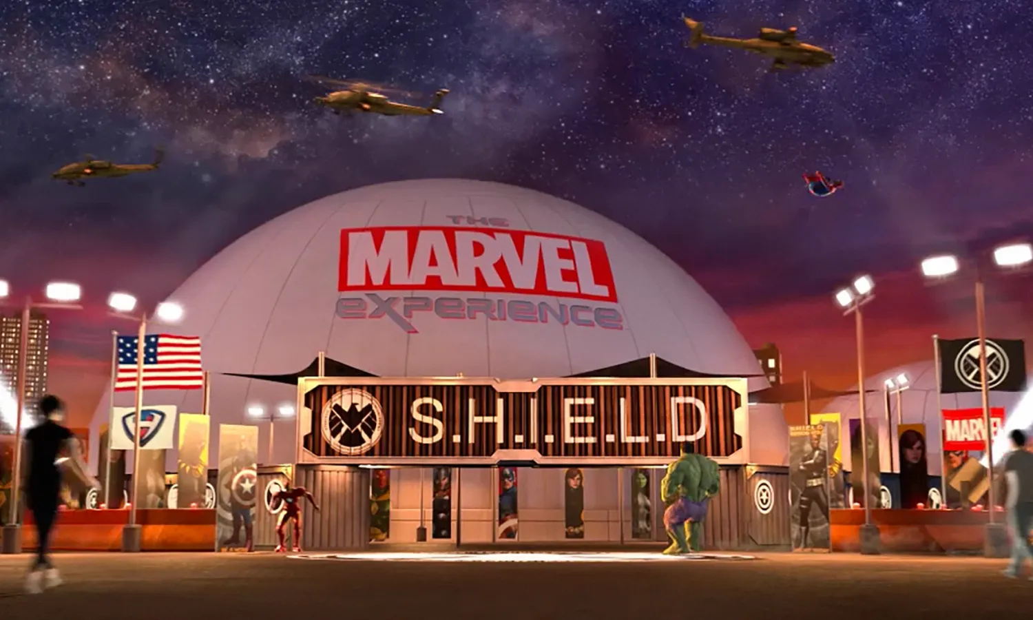 A rendered image of The Marvel Experience's exhibition dome entrance.