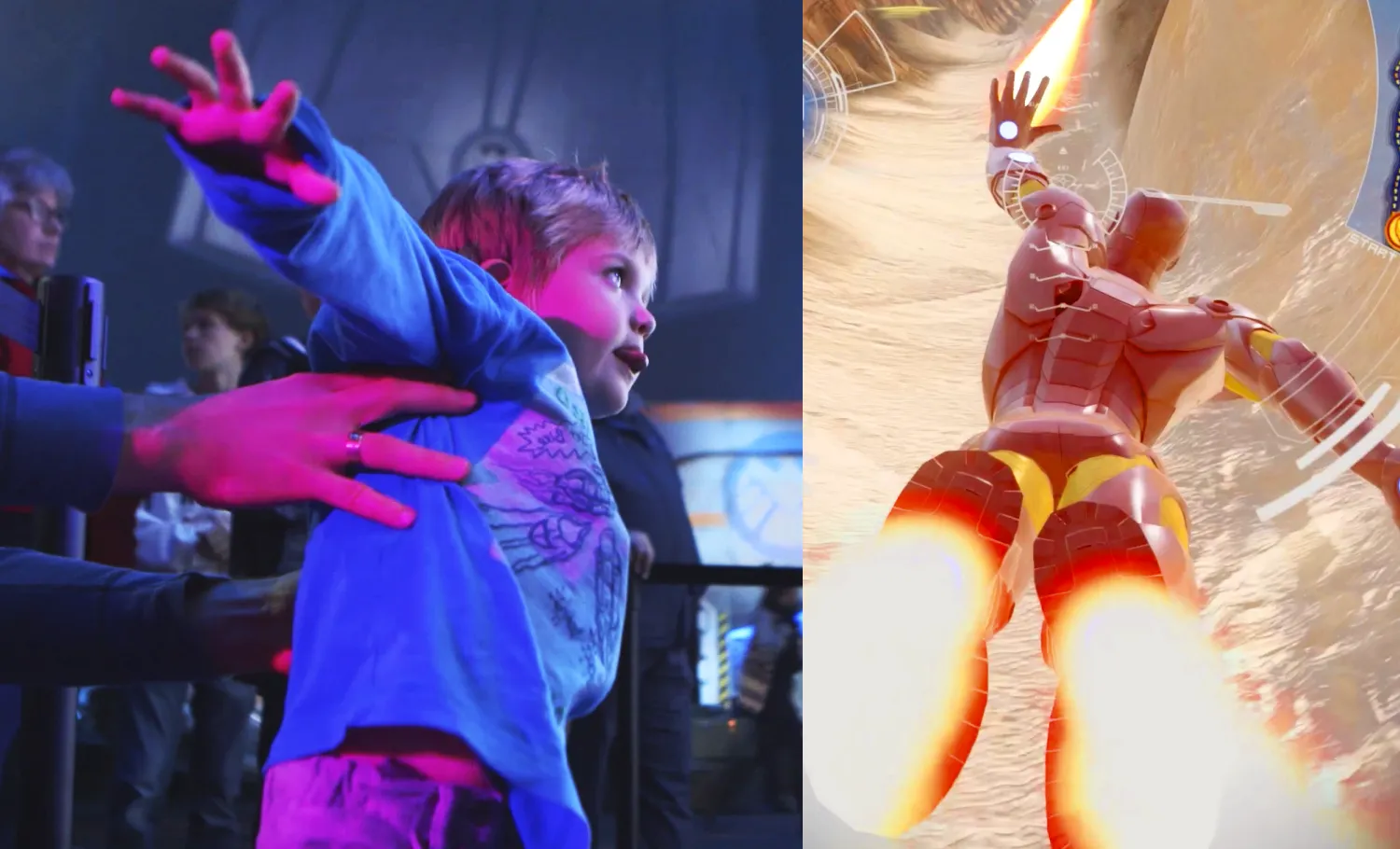 Side-by-side images of a child being lifted by an adult in a flying motion and a screen capture of Iron Man flying through a tunnel.