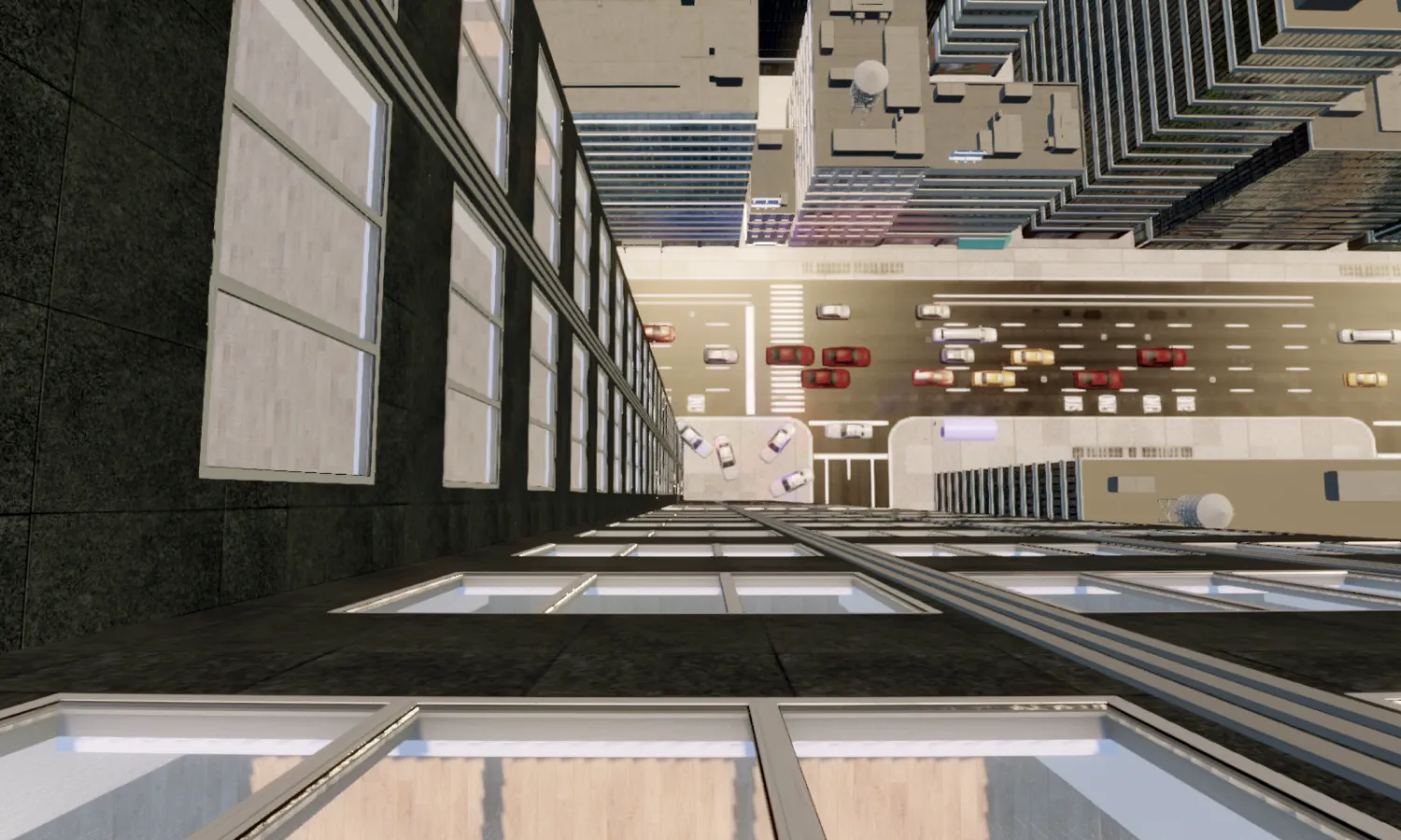 Screen depicting the view looking down the side of a building onto the street.