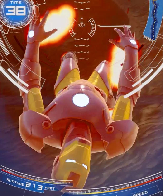 In-game screen showing Iron Man flying upside down through the game environment.