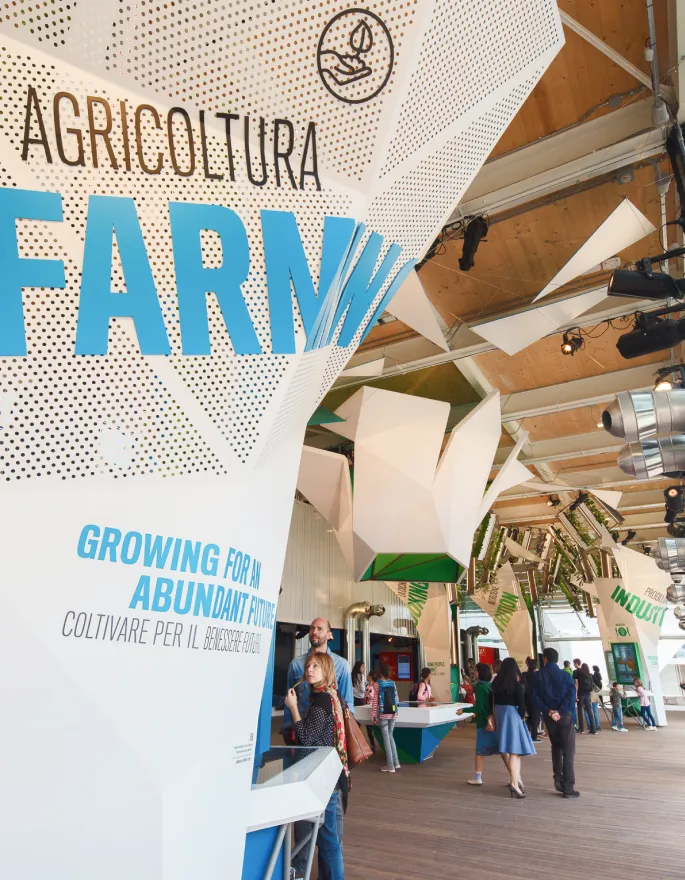 Entrance of a farming exhibit section, titled "Growing for an Abundant Future".