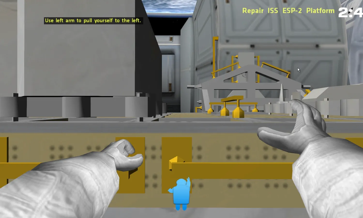Computer-generated graphics of a pair of outstretched hands in an astronaut outfit in front of the exterior of the International Space Station.