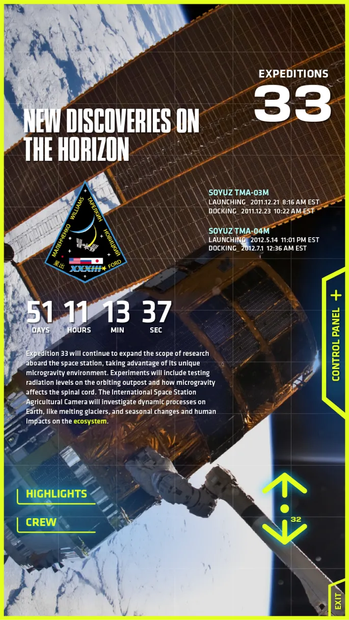 Screen capture of the International Space Station interactive showcasing space expeditions of past and present.