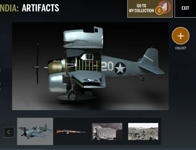 Screen capture of an interactive showcasing WWII-era planes and artifacts.