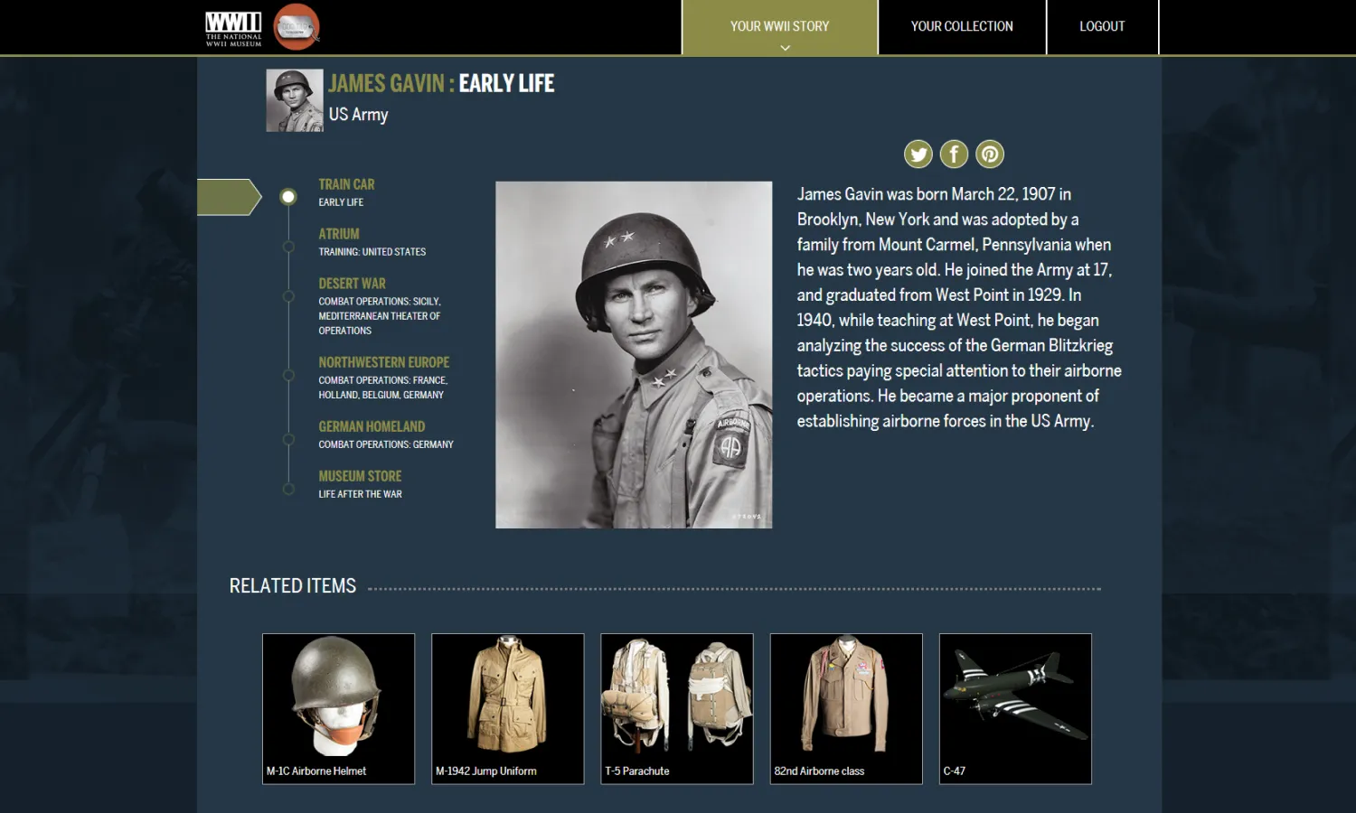 Screen capture of an interactive showcasing WWII soldiers' stories and artifacts.