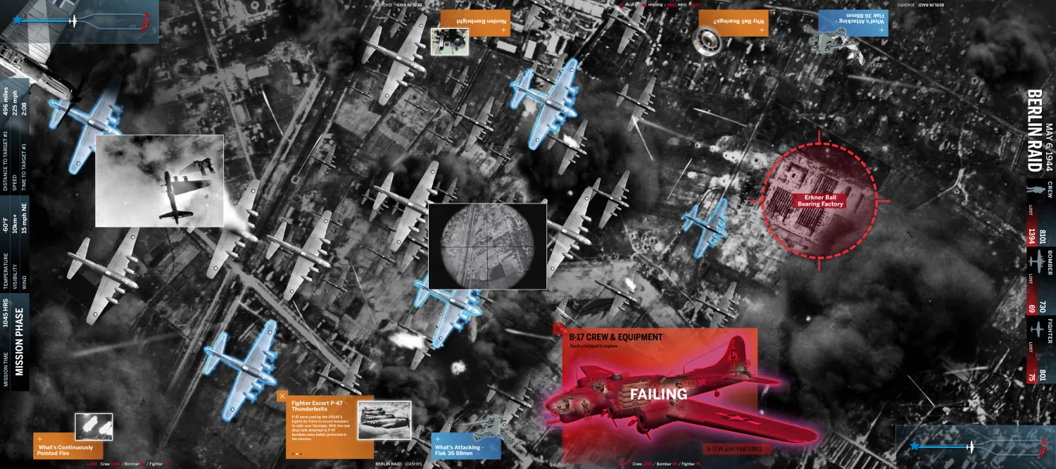 Screen capture of an interactive simulating paths of warplanes in different European cities during WWII.