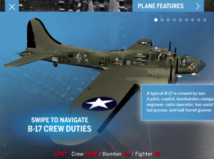 Screen capture of an interactive showcasing technical specifications of different warplanes used during WWII.