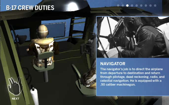 Screen capture of an interactive illustrating the position of crew members on different types of warplanes and their roles.